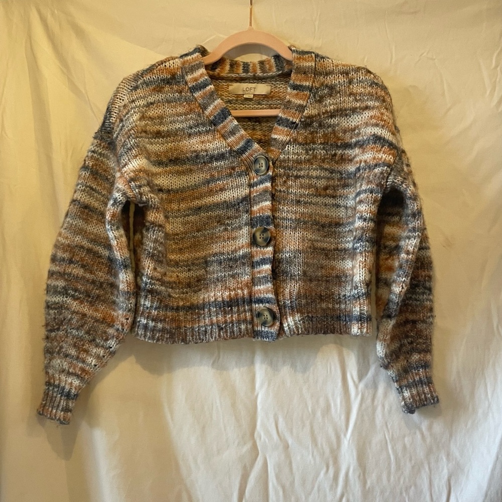 LOFT Autumn Spacedye V-Neck Button UpSweater‎ Wool Blend Striped Cardigan Sz S